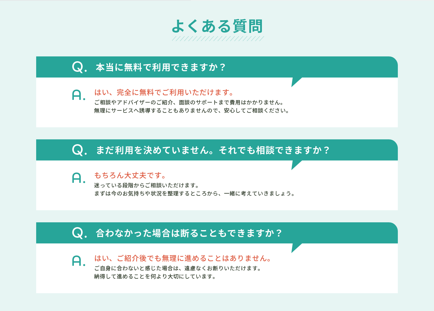 よくある質問。無料利用、未決定でも相談可、合わなければお断り可能について