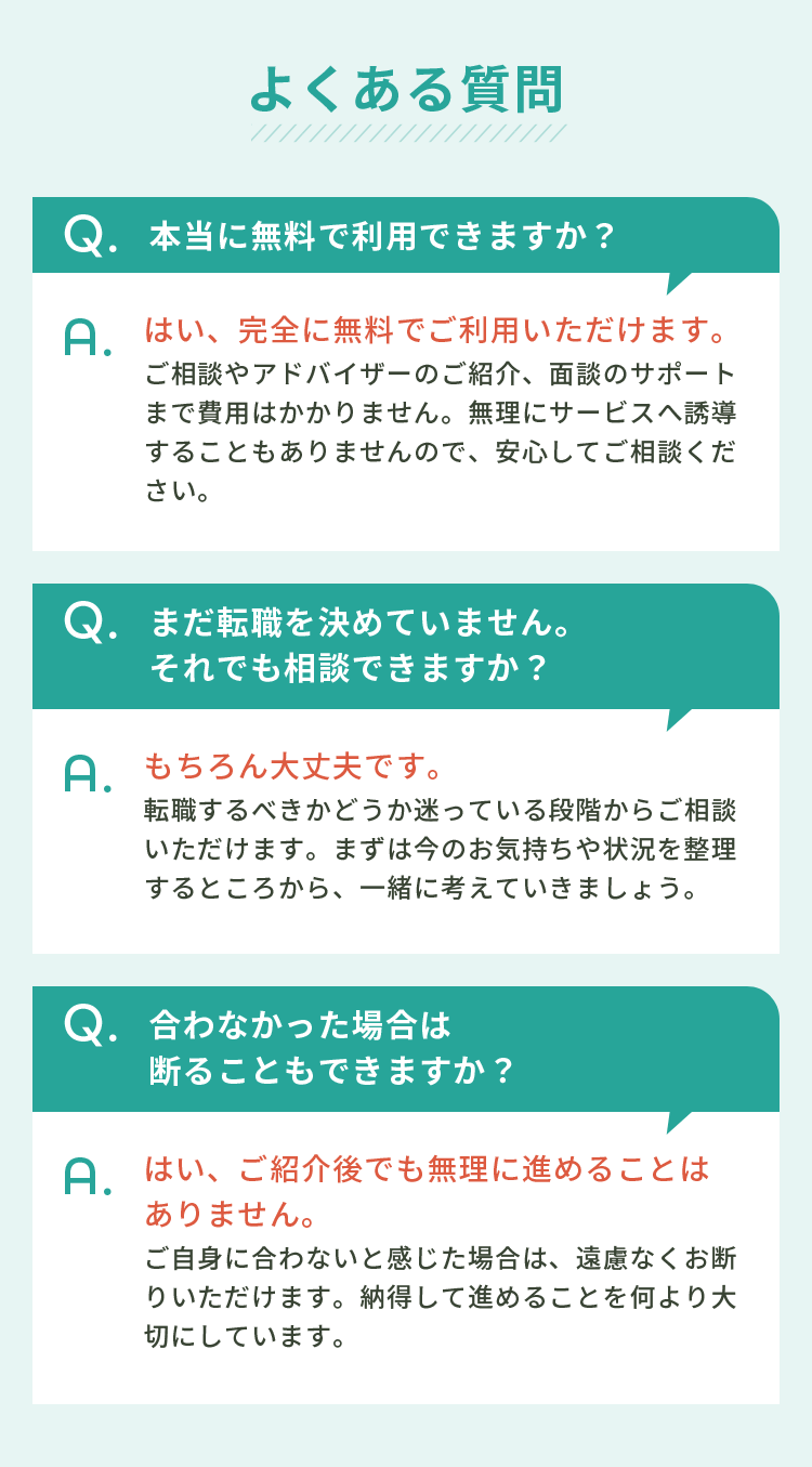よくある質問。無料利用、未決定でも相談可、合わなければお断り可能について