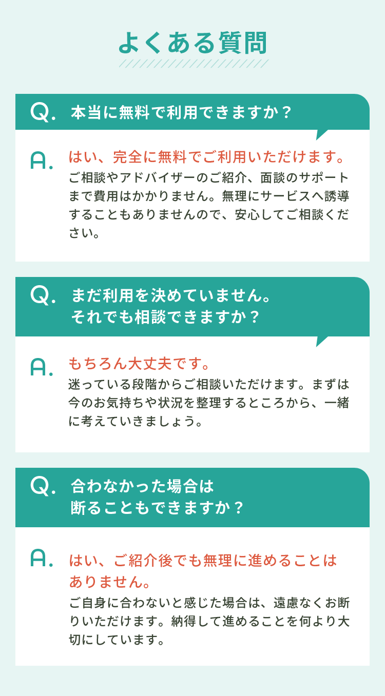 よくある質問。無料利用、未決定でも相談可、合わなければお断り可能について