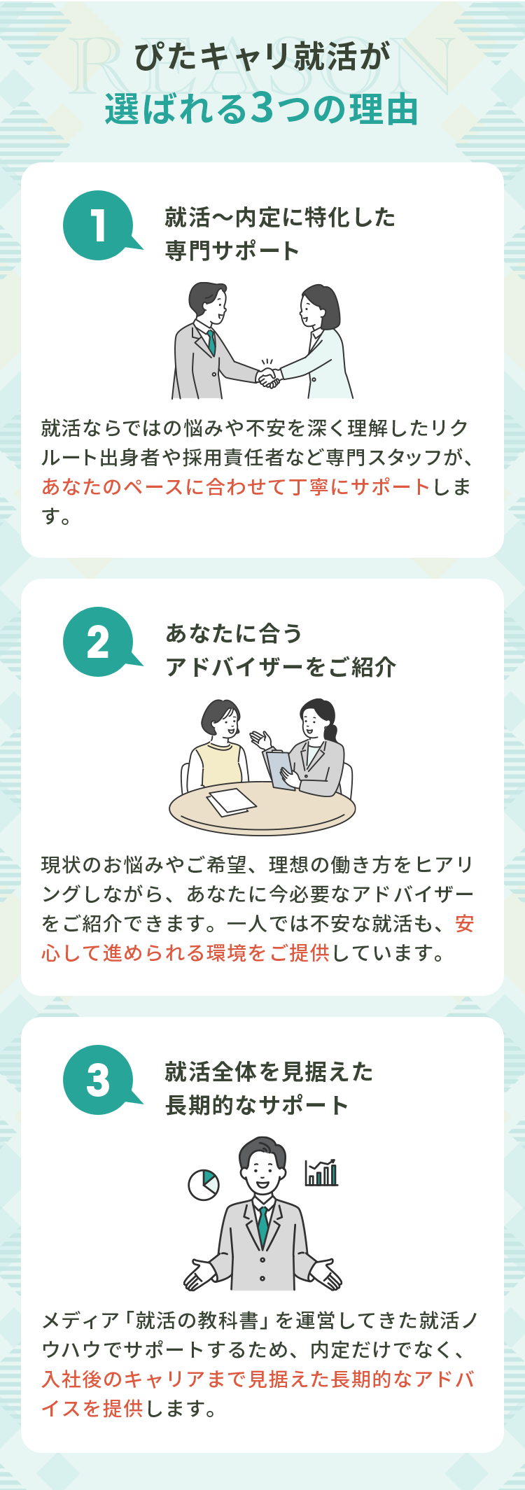 ぴたキャリ転職サポートが選ばれる3つの理由。内定に特化した支援、アドバイザー紹介、長期的な転職サポート